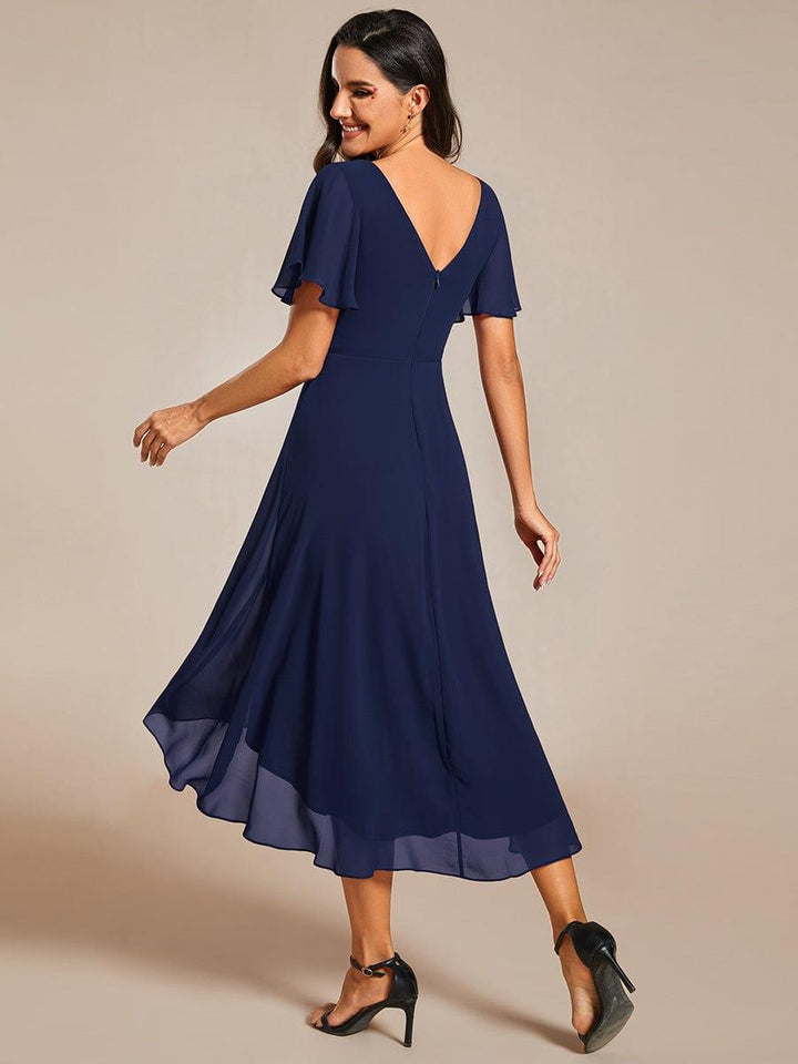 ever FAYE|Chic V Neck Asymmetrical Hem Ruffles Sleeve Pleated Chiffon Wedding Guest Dress