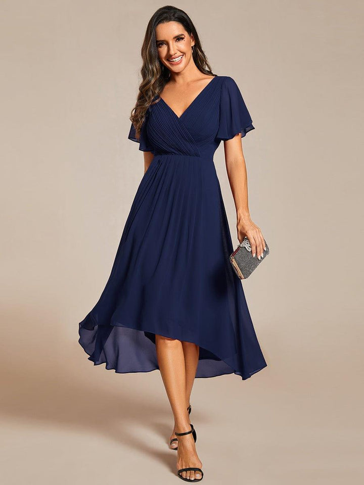 ever FAYE|Chic V Neck Asymmetrical Hem Ruffles Sleeve Pleated Chiffon Wedding Guest Dress