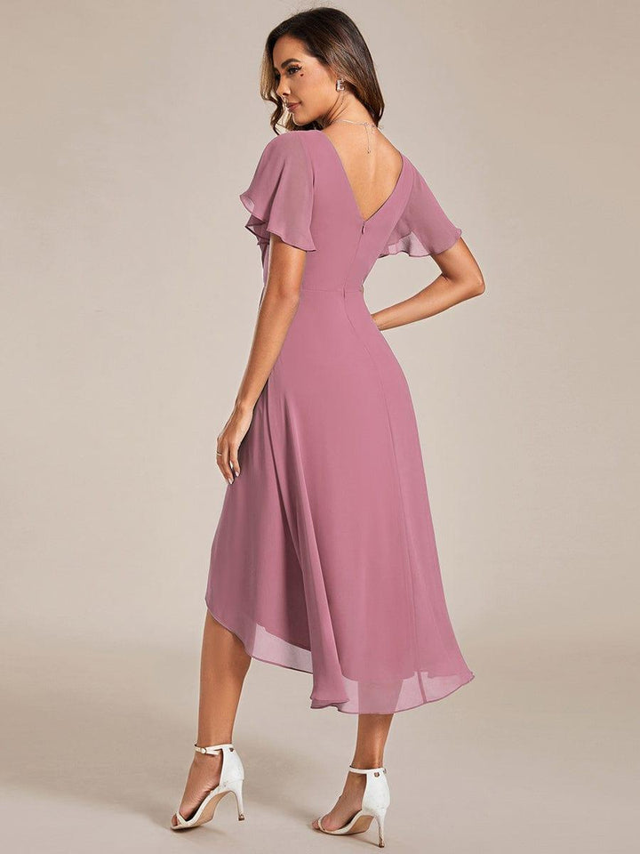 ever FAYE|Chic V Neck Asymmetrical Hem Ruffles Sleeve Pleated Chiffon Wedding Guest Dress