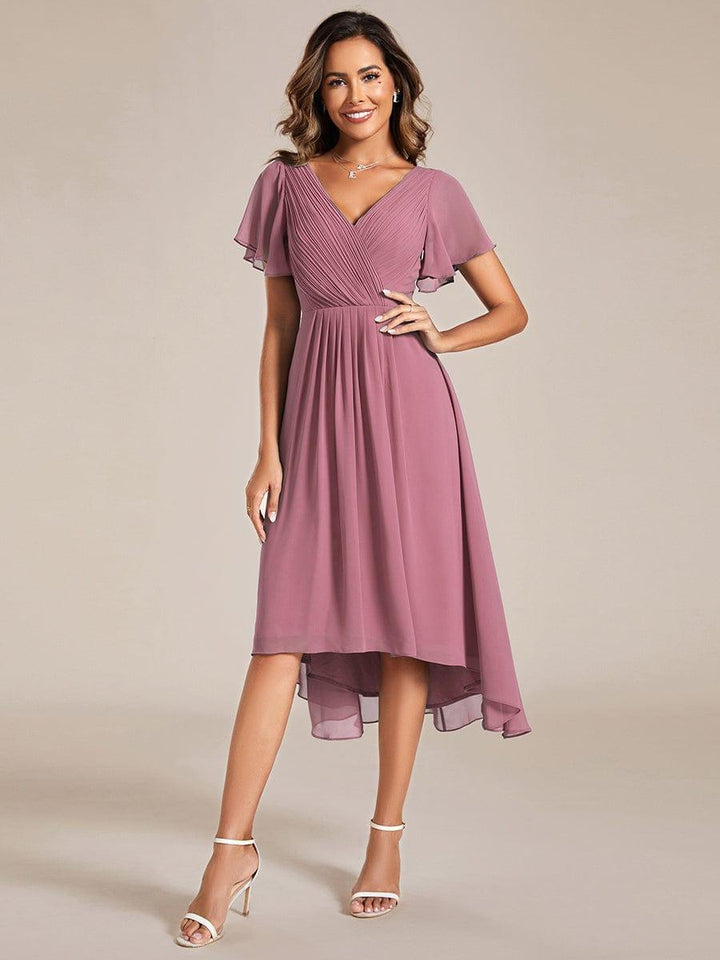 ever FAYE|Chic V Neck Asymmetrical Hem Ruffles Sleeve Pleated Chiffon Wedding Guest Dress
