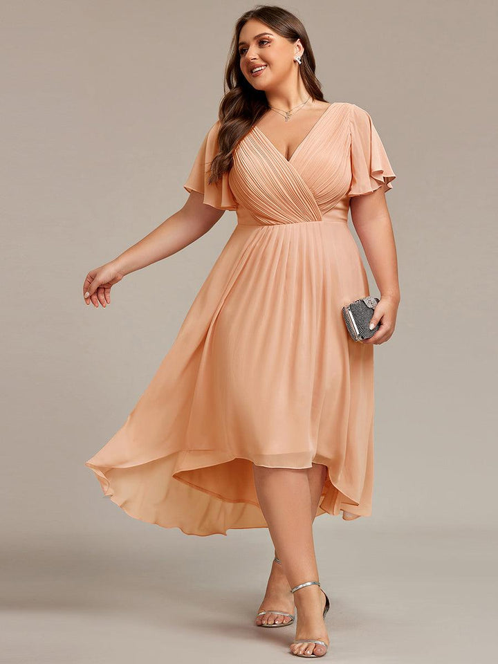 ever FAYE|Chic V Neck Asymmetrical Hem Ruffles Sleeve Pleated Chiffon Wedding Guest Dress