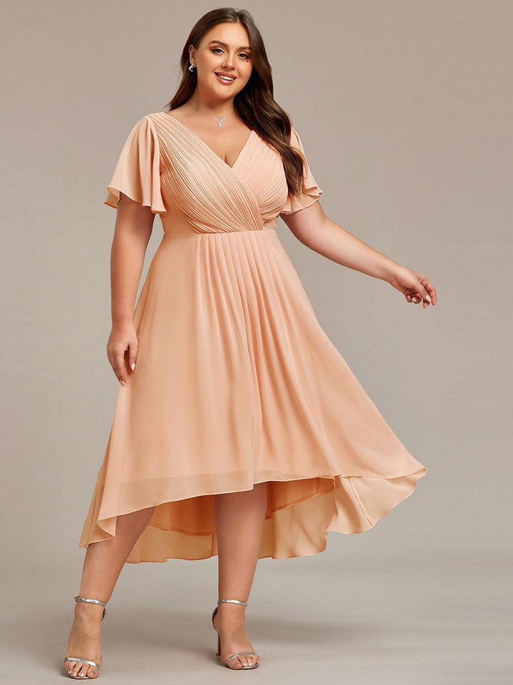 ever FAYE|Chic V Neck Asymmetrical Hem Ruffles Sleeve Pleated Chiffon Wedding Guest Dress