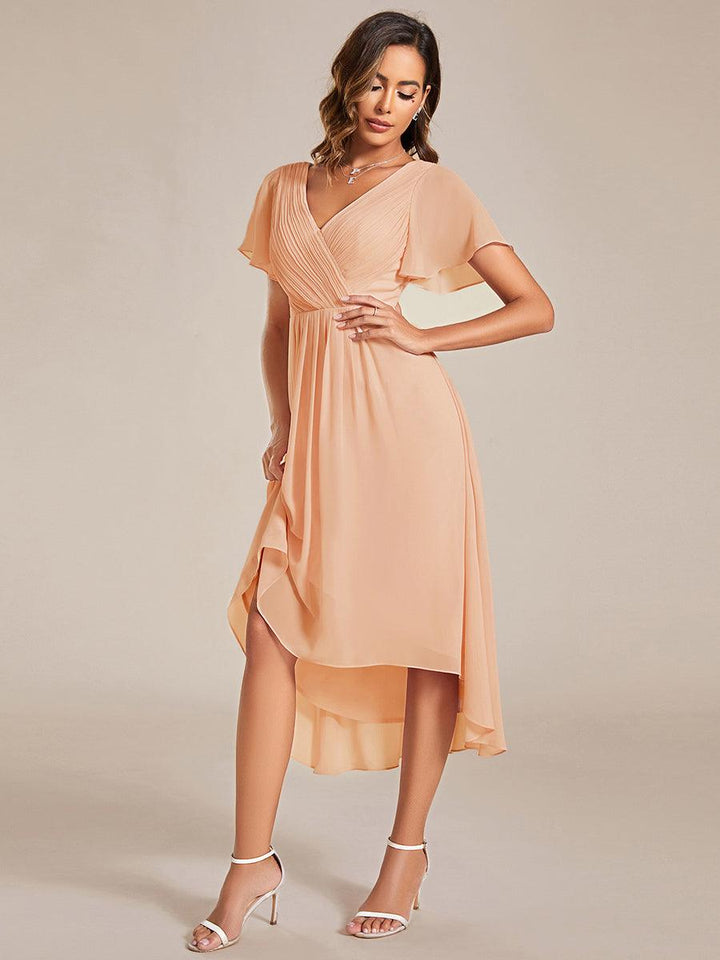 ever FAYE|Chic V Neck Asymmetrical Hem Ruffles Sleeve Pleated Chiffon Wedding Guest Dress