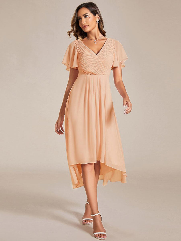 ever FAYE|Chic V Neck Asymmetrical Hem Ruffles Sleeve Pleated Chiffon Wedding Guest Dress