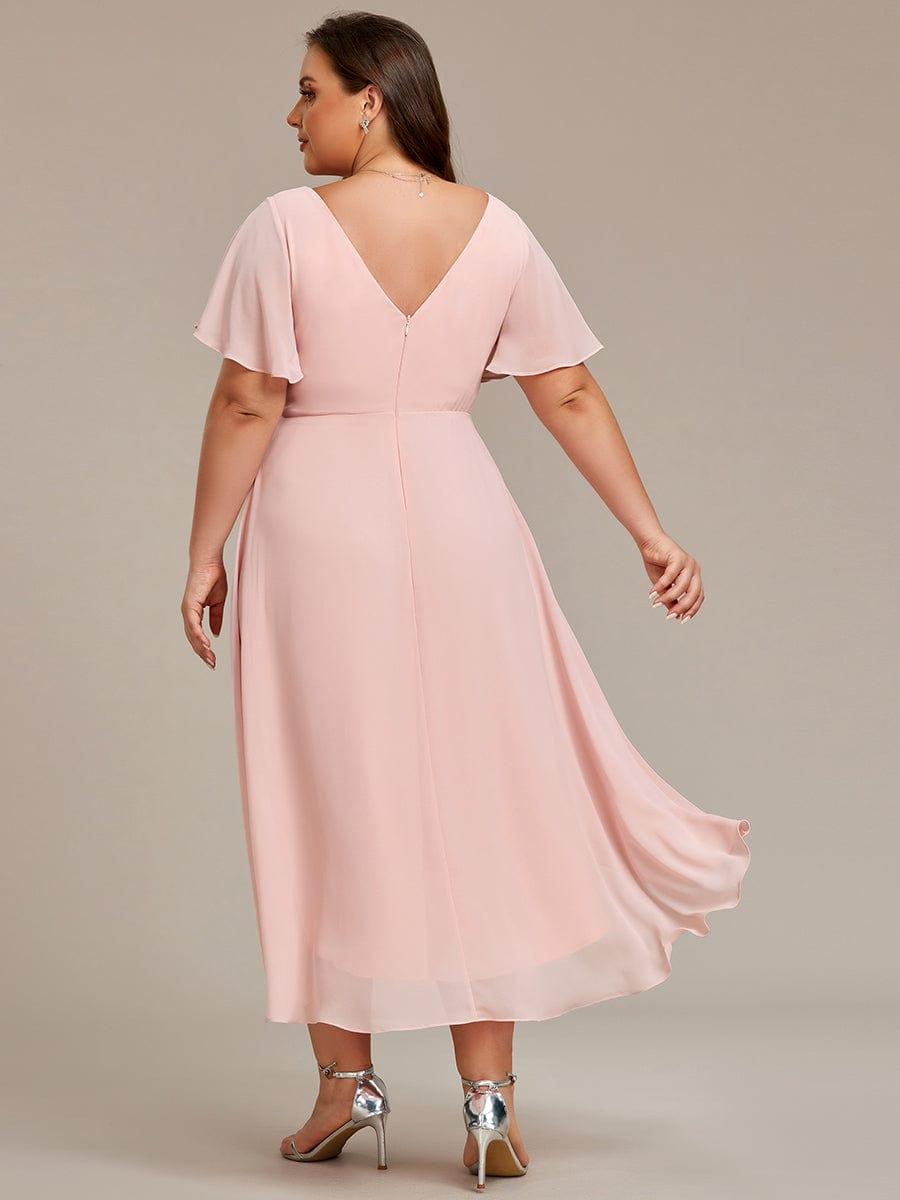 ever FAYE|Chic V Neck Asymmetrical Hem Ruffles Sleeve Pleated Chiffon Wedding Guest Dress
