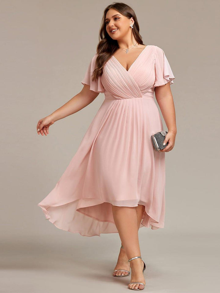 ever FAYE|Chic V Neck Asymmetrical Hem Ruffles Sleeve Pleated Chiffon Wedding Guest Dress
