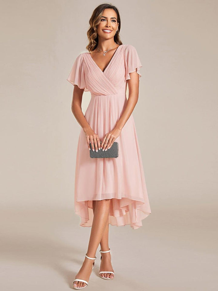 ever FAYE|Chic V Neck Asymmetrical Hem Ruffles Sleeve Pleated Chiffon Wedding Guest Dress
