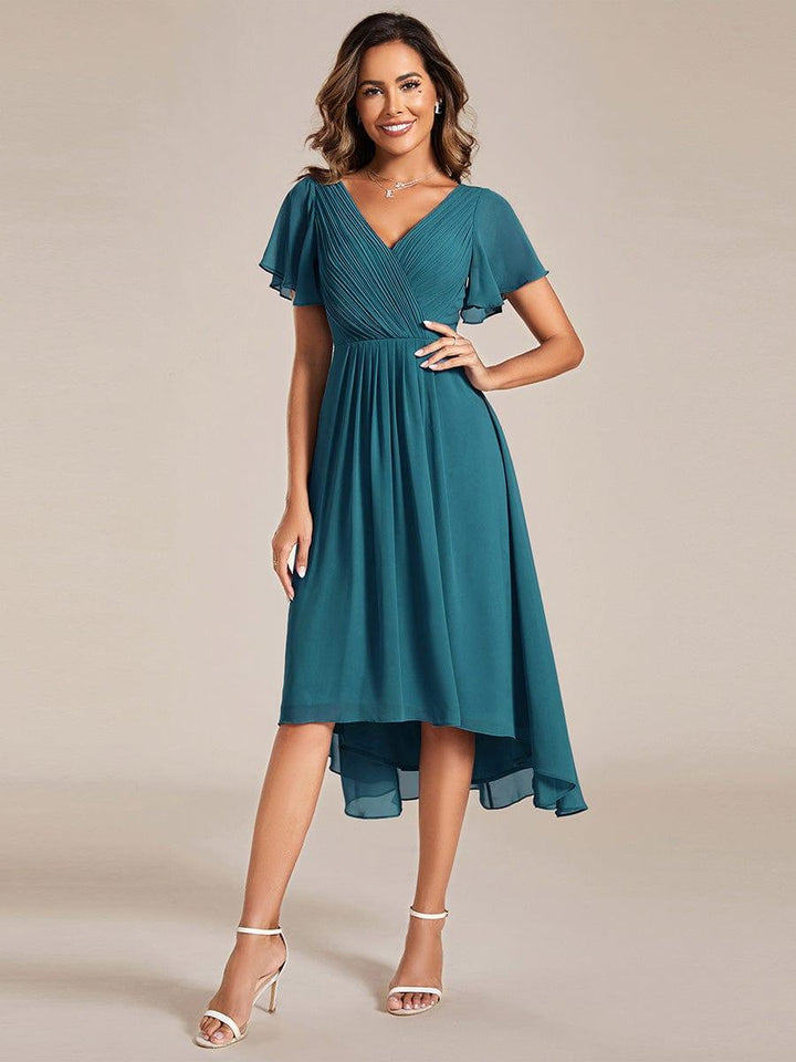 ever FAYE|Chic V Neck Asymmetrical Hem Ruffles Sleeve Pleated Chiffon Wedding Guest Dress