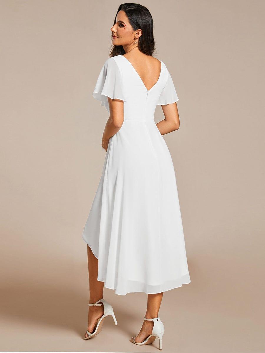 ever FAYE|Chic V Neck Asymmetrical Hem Ruffles Sleeve Pleated Chiffon Wedding Guest Dress