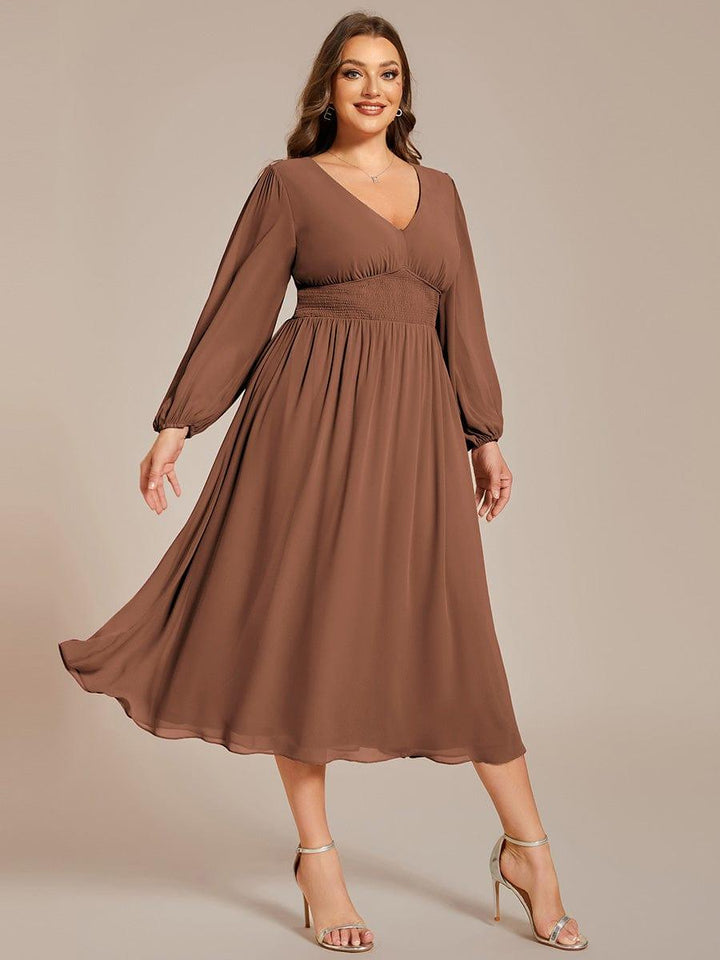 ever AMARA|Chiffon V-Neck Long Sleeves Elastic Band Midi Wedding Guest Dress