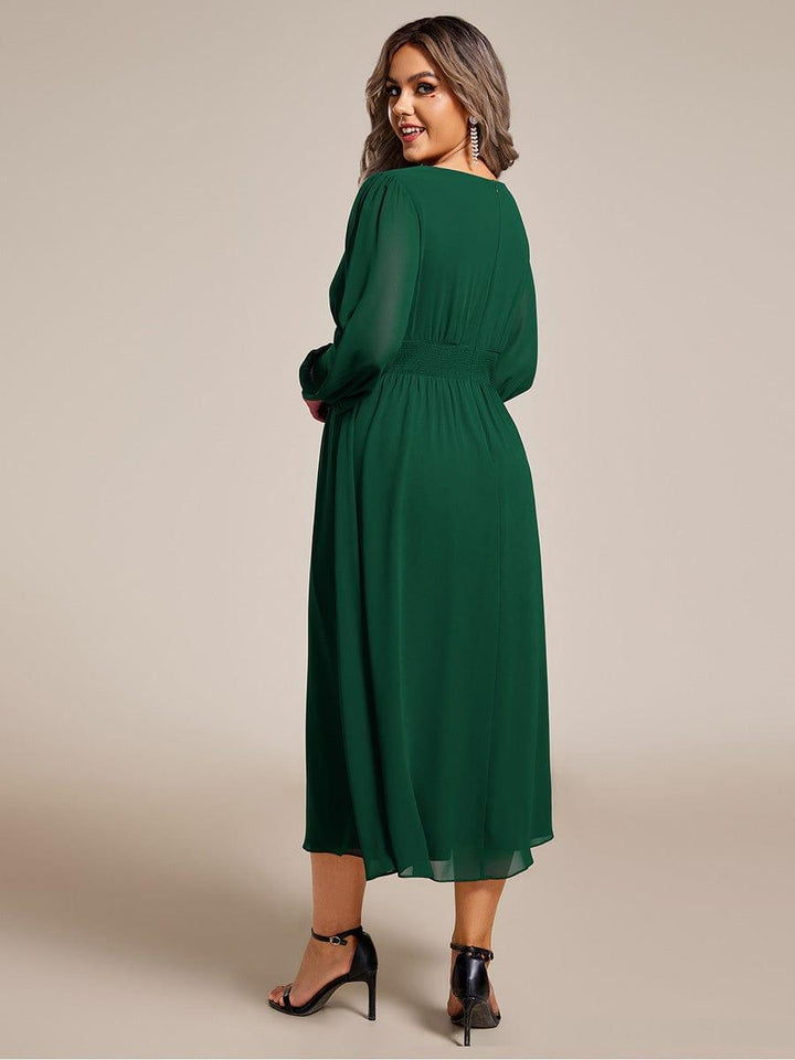 pretty AMARA|Plus Size Flowy Long Sleeves V-Neck Midi Chiffon Wedding Guest Dress