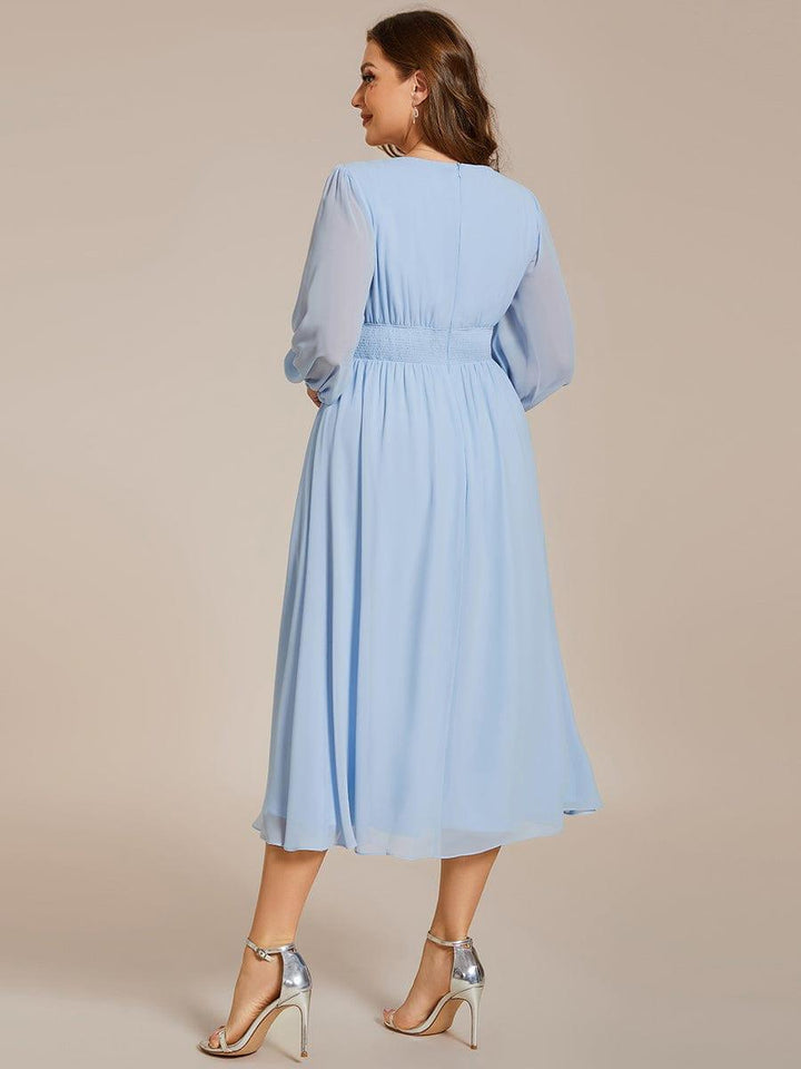 pretty AMARA|Plus Size Flowy Long Sleeves V-Neck Midi Chiffon Wedding Guest Dress