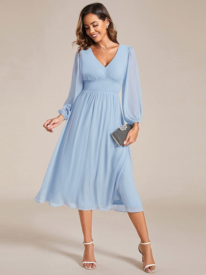 ever AMARA|Chiffon V-Neck Long Sleeves Elastic Band Midi Wedding Guest Dress