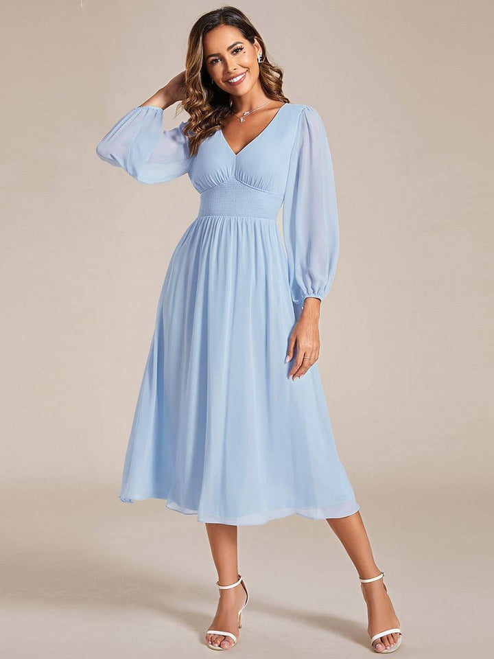 ever AMARA|Chiffon V-Neck Long Sleeves Elastic Band Midi Wedding Guest Dress