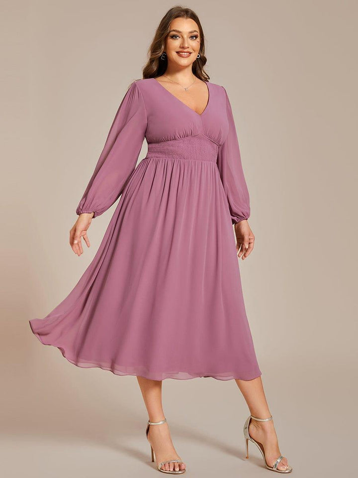 ever AMARA|Chiffon V-Neck Long Sleeves Elastic Band Midi Wedding Guest Dress
