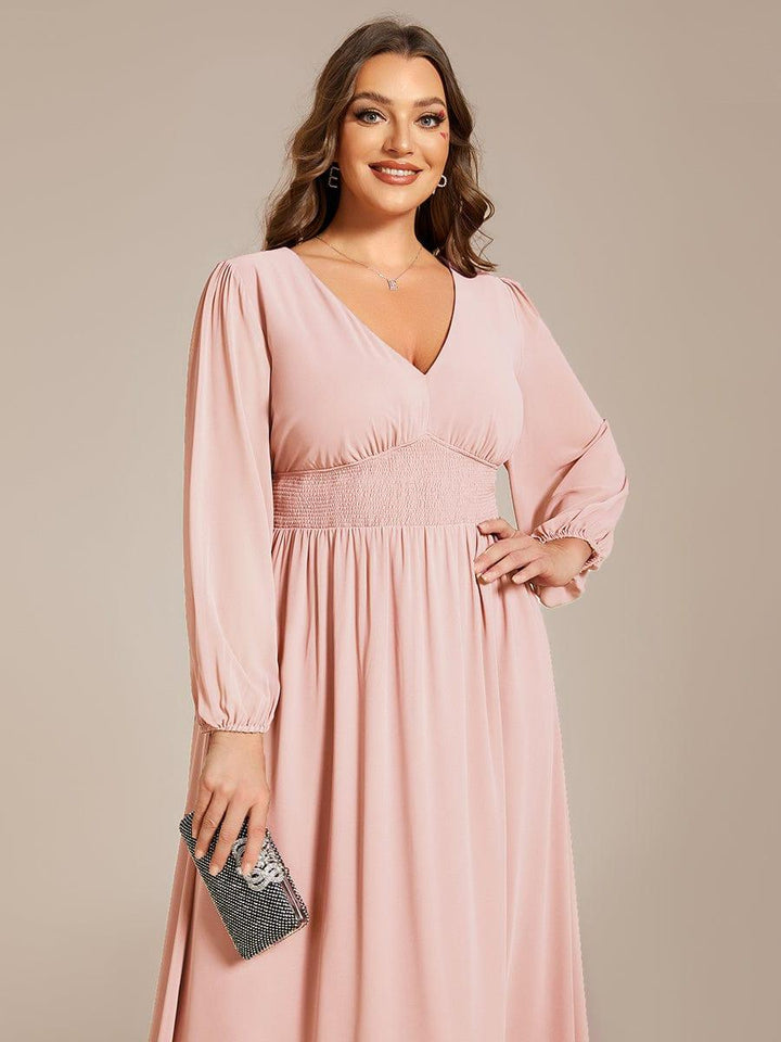 ever AMARA|Chiffon V-Neck Long Sleeves Elastic Band Midi Wedding Guest Dress