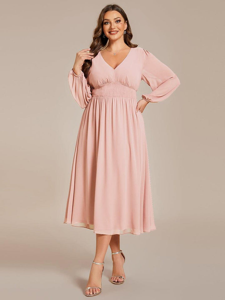 ever AMARA|Chiffon V-Neck Long Sleeves Elastic Band Midi Wedding Guest Dress