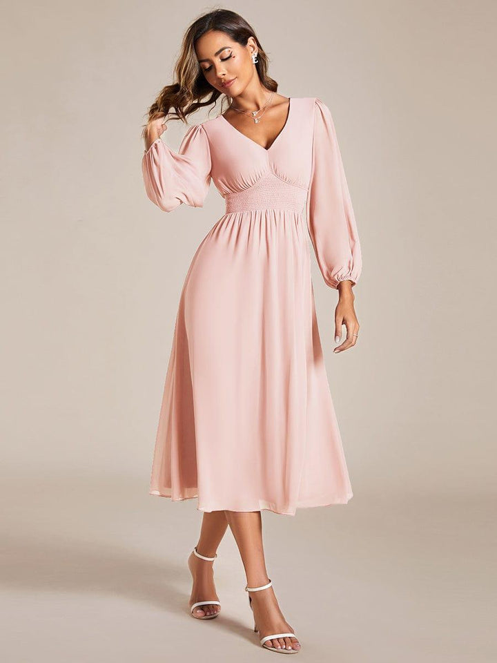 ever AMARA|Chiffon V-Neck Long Sleeves Elastic Band Midi Wedding Guest Dress