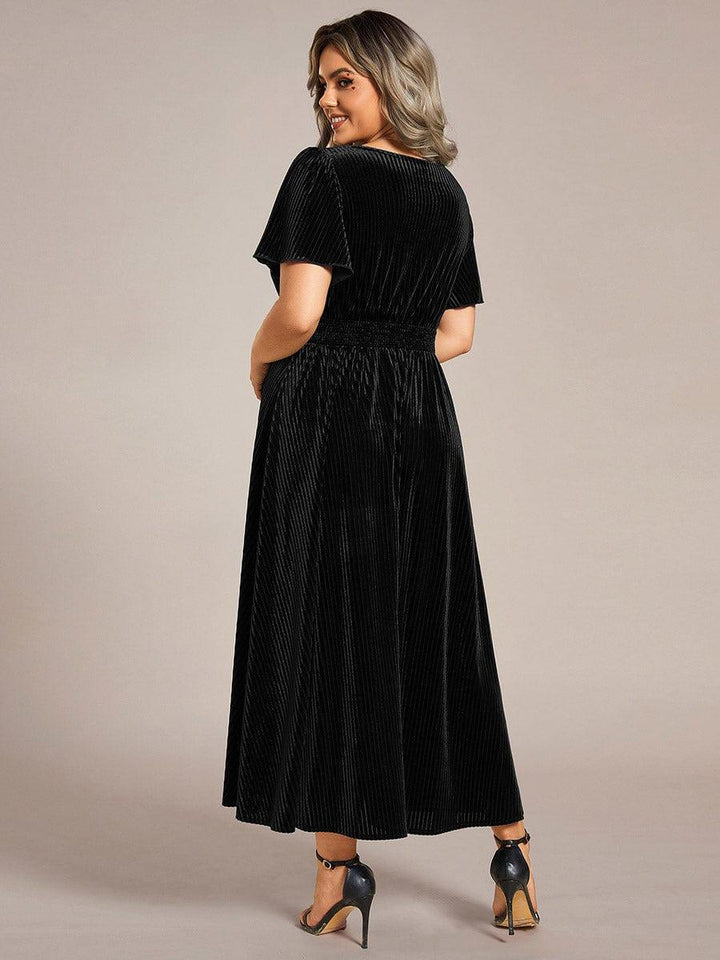 ever AZALEA|V-Neck Waist Pleated Design Short Sleeves Fall Velvet Midi Evening Dress