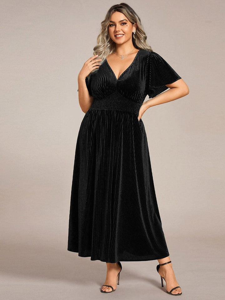 ever AZALEA|V-Neck Waist Pleated Design Short Sleeves Fall Velvet Midi Evening Dress