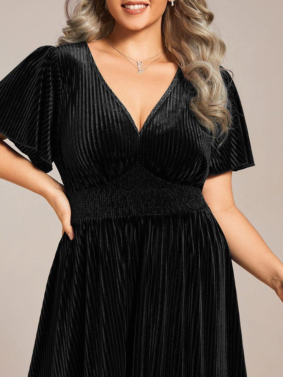 ever AZALEA|V-Neck Waist Pleated Design Short Sleeves Fall Velvet Midi Evening Dress