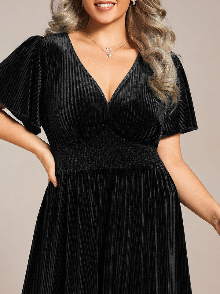 ever AZALEA|V-Neck Waist Pleated Design Short Sleeves Fall Velvet Midi Evening Dress