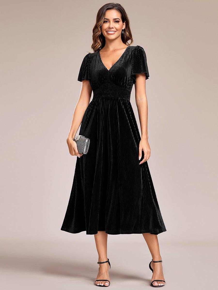 ever AZALEA|V-Neck Waist Pleated Design Short Sleeves Fall Velvet Midi Evening Dress