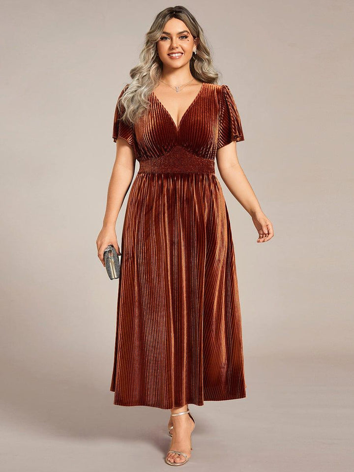 ever AZALEA|V-Neck Waist Pleated Design Short Sleeves Fall Velvet Midi Evening Dress