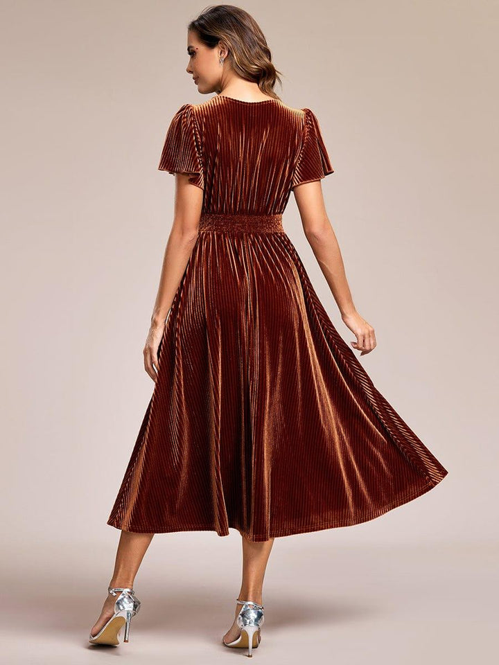 ever AZALEA|V-Neck Waist Pleated Design Short Sleeves Fall Velvet Midi Evening Dress