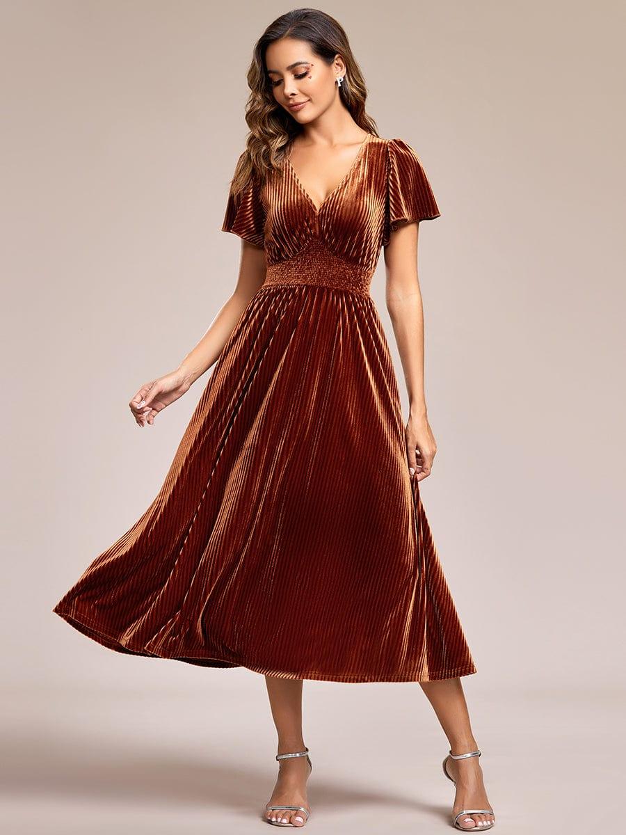 ever AZALEA|V-Neck Waist Pleated Design Short Sleeves Fall Velvet Midi Evening Dress