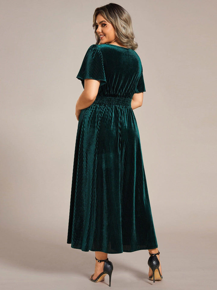 ever AZALEA|V-Neck Waist Pleated Design Short Sleeves Fall Velvet Midi Evening Dress