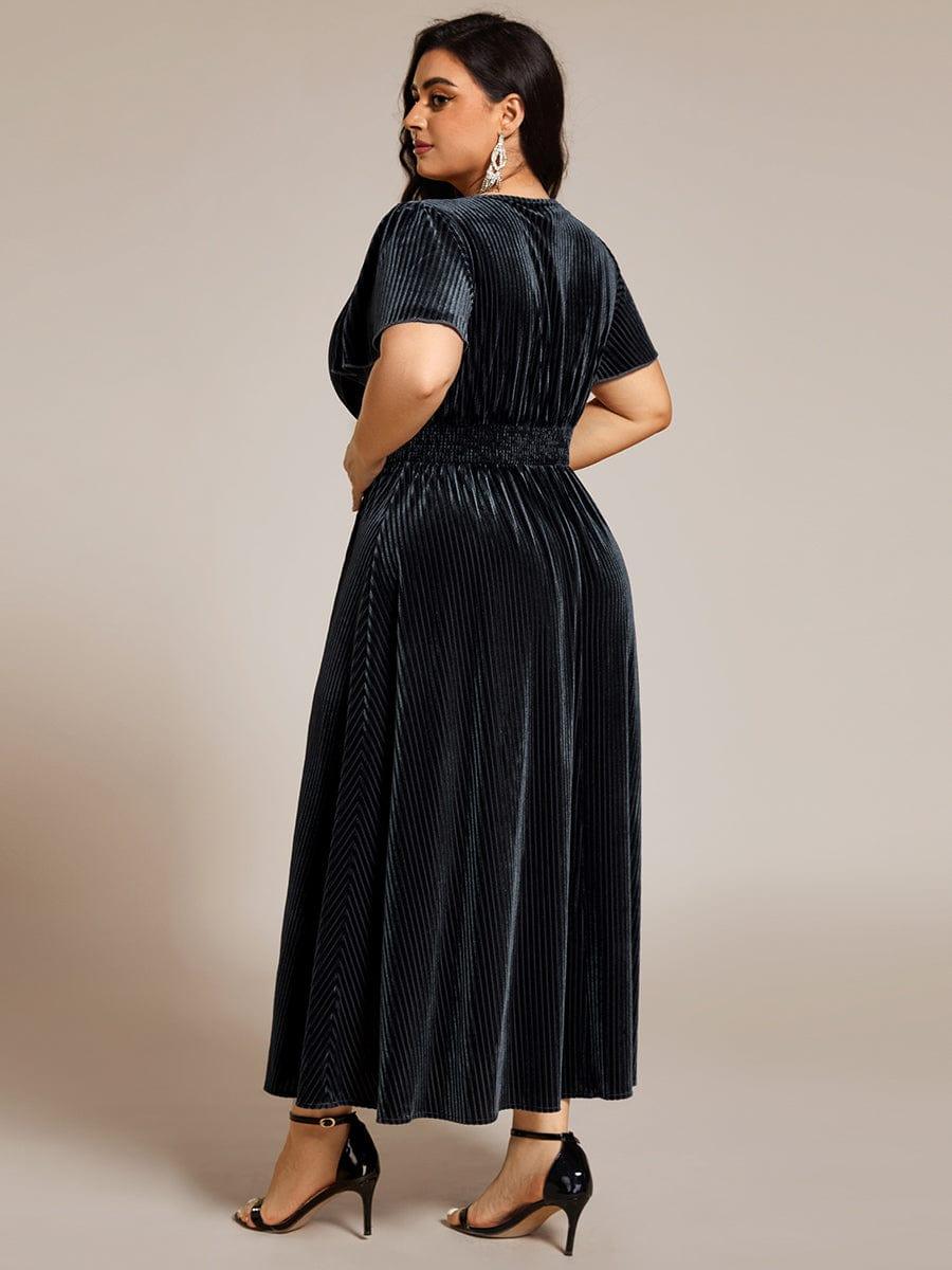 ever AZALEA|V-Neck Waist Pleated Design Short Sleeves Fall Velvet Midi Evening Dress