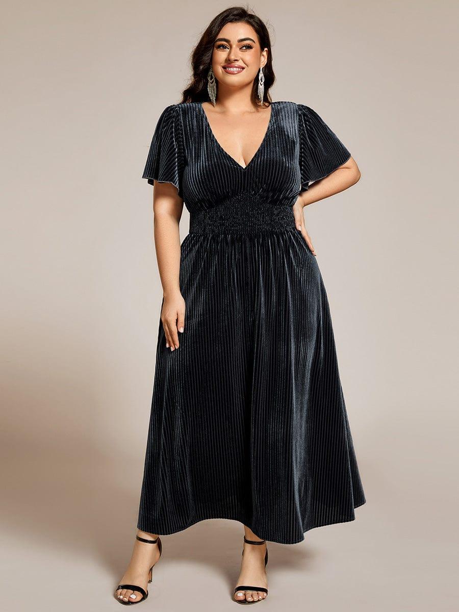 ever AZALEA|V-Neck Waist Pleated Design Short Sleeves Fall Velvet Midi Evening Dress