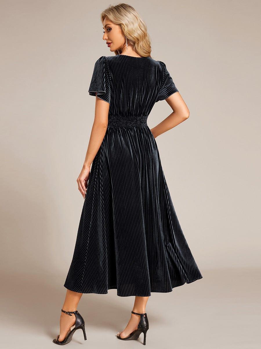 ever AZALEA|V-Neck Waist Pleated Design Short Sleeves Fall Velvet Midi Evening Dress