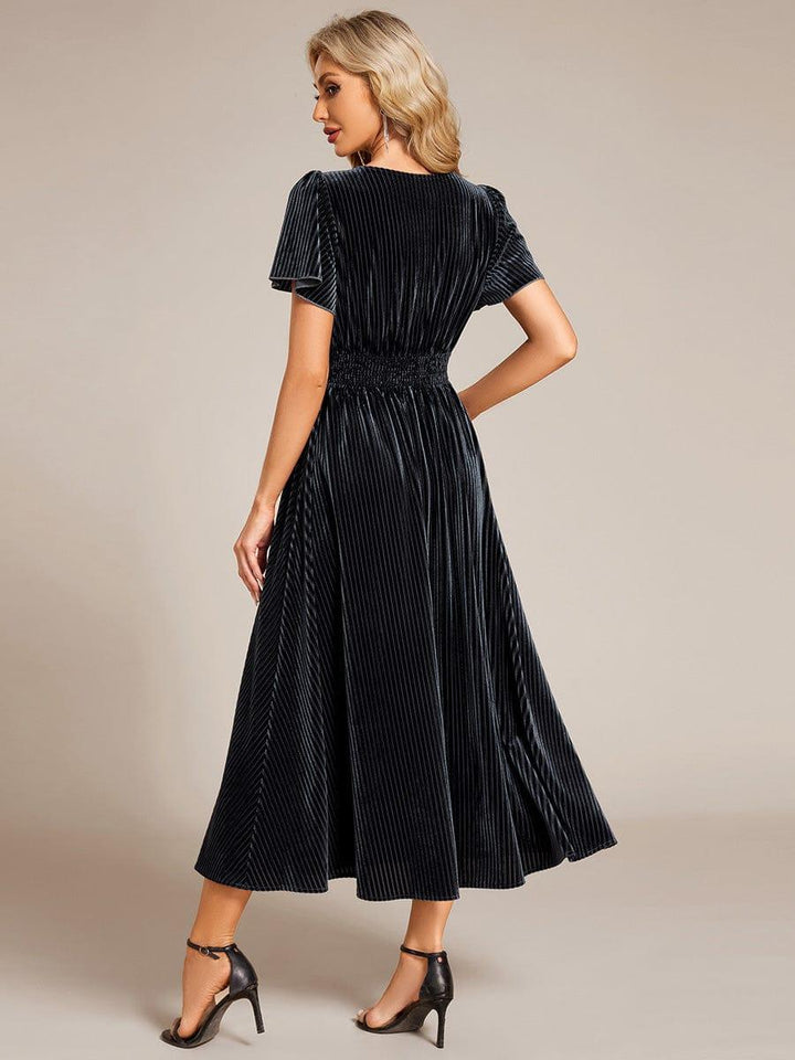 ever AZALEA|V-Neck Waist Pleated Design Short Sleeves Fall Velvet Midi Evening Dress