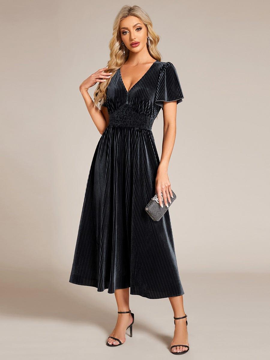 ever AZALEA|V-Neck Waist Pleated Design Short Sleeves Fall Velvet Midi Evening Dress