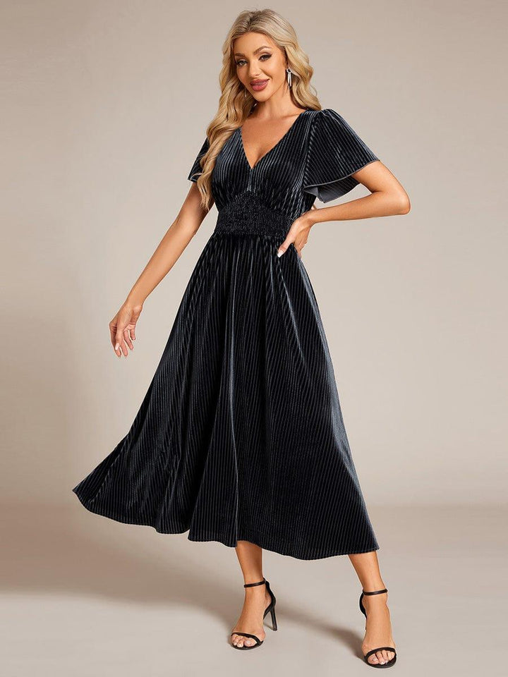 ever AZALEA|V-Neck Waist Pleated Design Short Sleeves Fall Velvet Midi Evening Dress