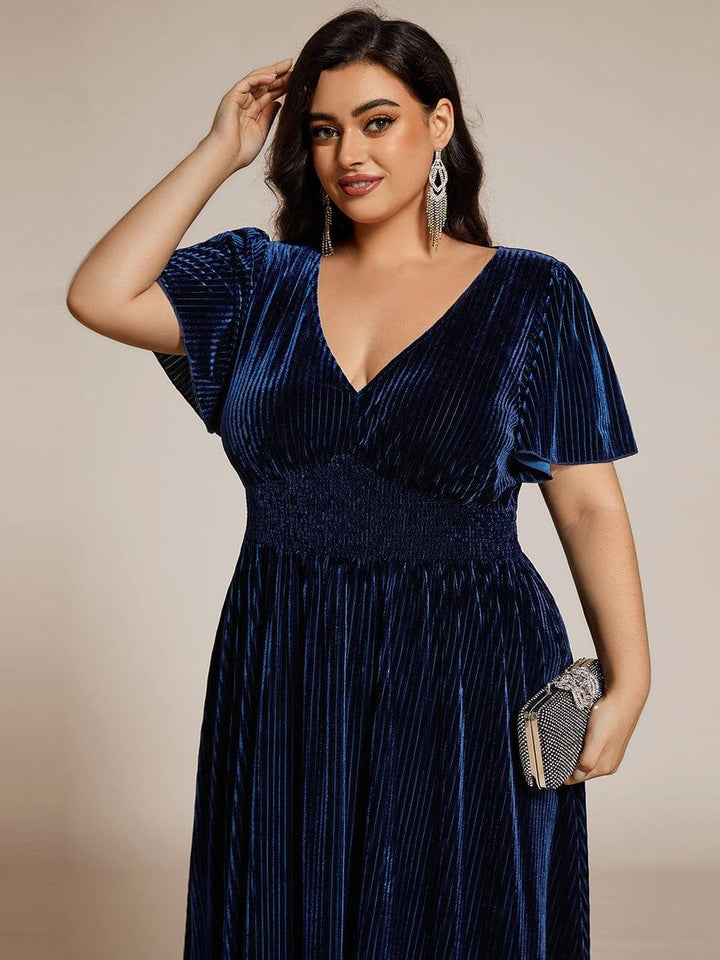 ever AZALEA|V-Neck Waist Pleated Design Short Sleeves Fall Velvet Midi Evening Dress
