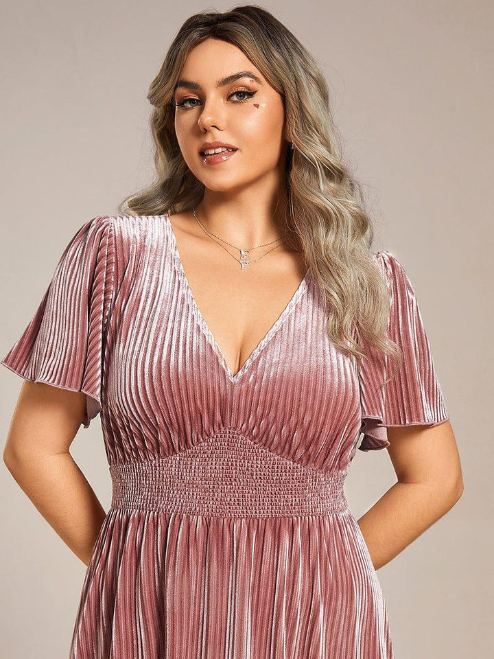 ever AZALEA|V-Neck Waist Pleated Design Short Sleeves Fall Velvet Midi Evening Dress