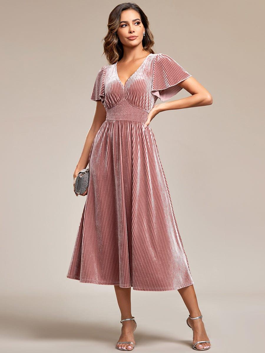 ever AZALEA|V-Neck Waist Pleated Design Short Sleeves Fall Velvet Midi Evening Dress