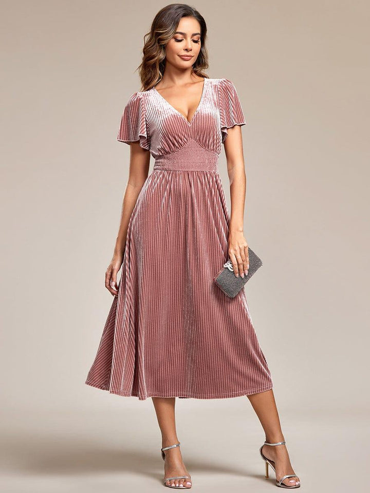ever AZALEA|V-Neck Waist Pleated Design Short Sleeves Fall Velvet Midi Evening Dress