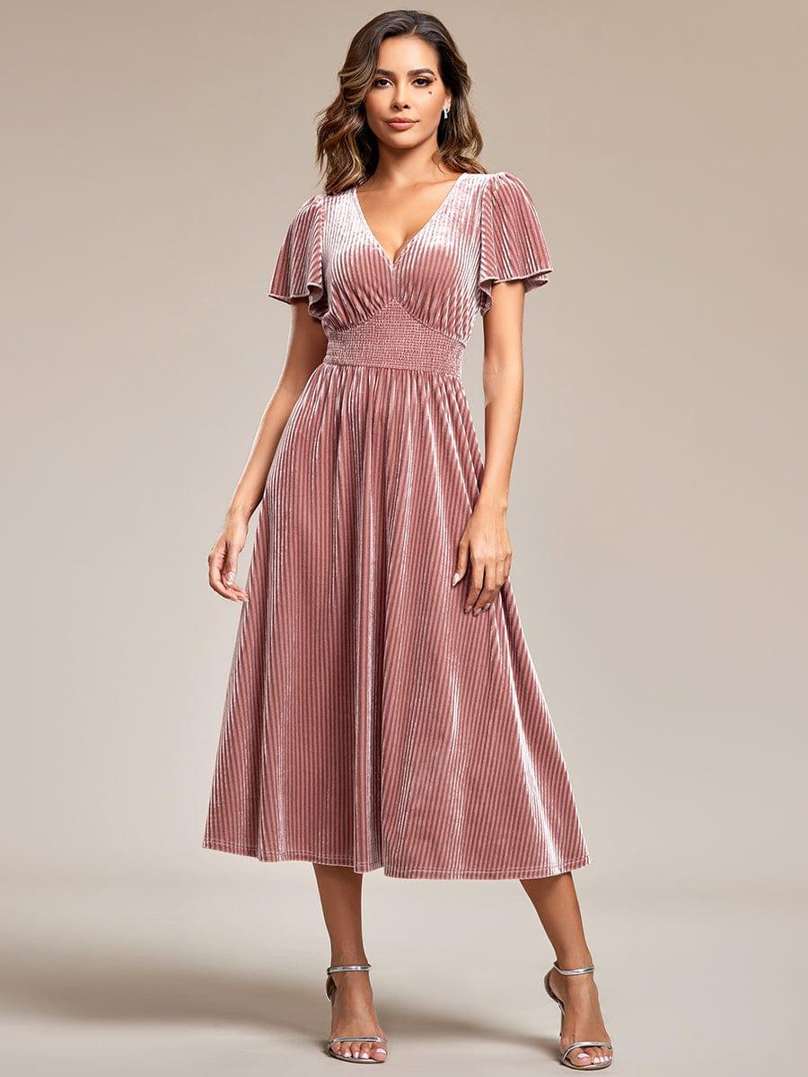 ever AZALEA|V-Neck Waist Pleated Design Short Sleeves Fall Velvet Midi Evening Dress