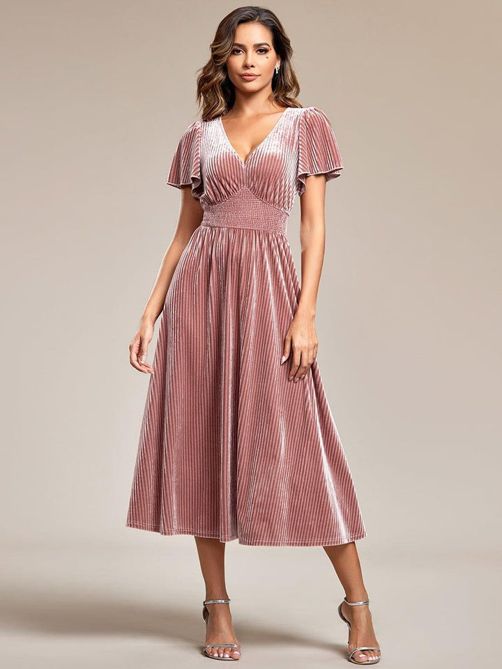 ever AZALEA|V-Neck Waist Pleated Design Short Sleeves Fall Velvet Midi Evening Dress