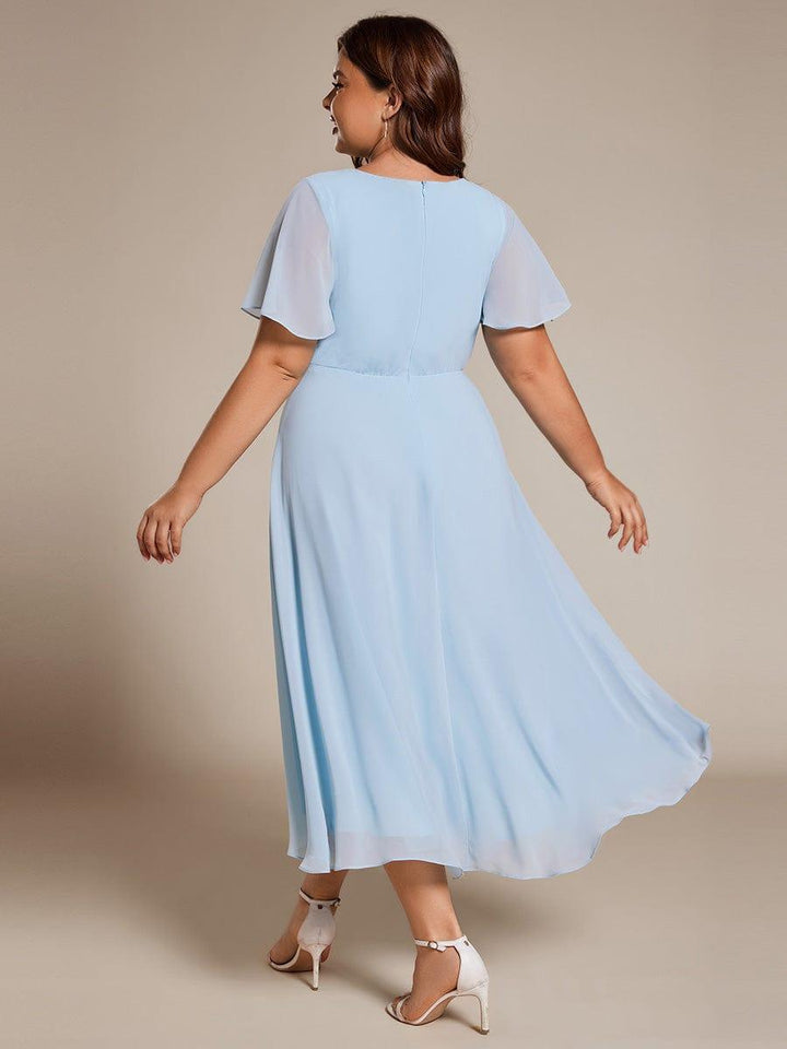 ever LARK|Ruffles Sleeve Pleated V-Neck A-Line Midi Chiffon Wedding Guest Dress
