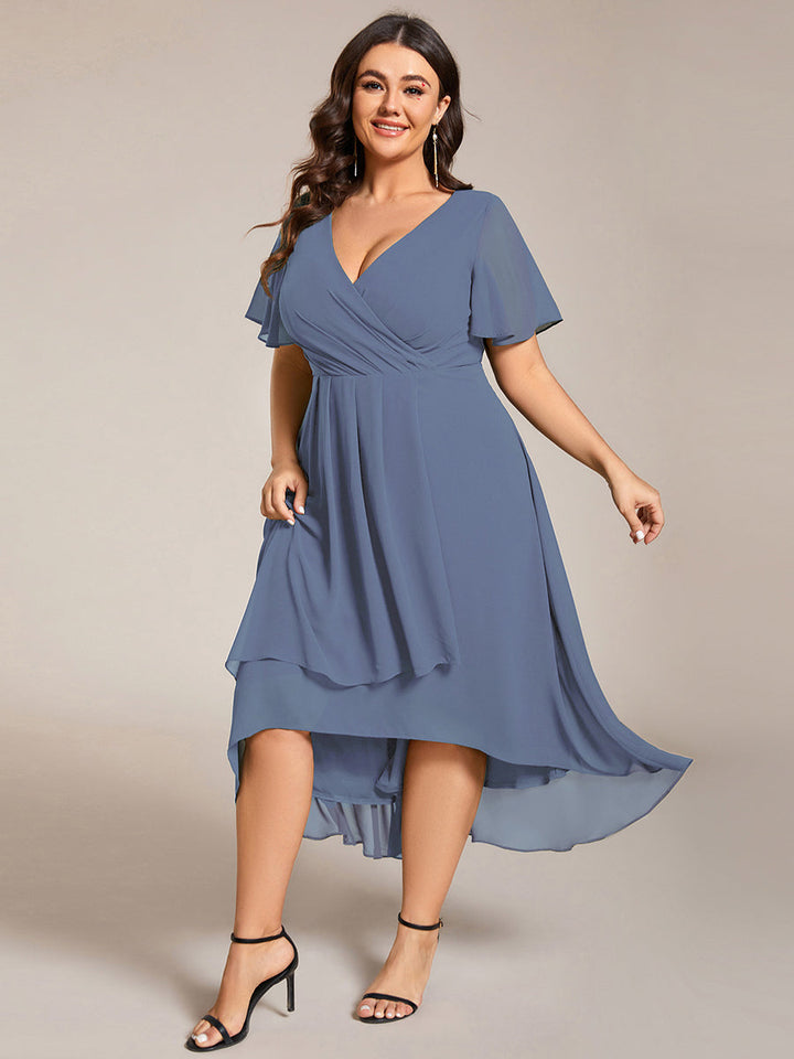 ever LARK|Ruffles Sleeve Pleated V-Neck A-Line Midi Chiffon Wedding Guest Dress