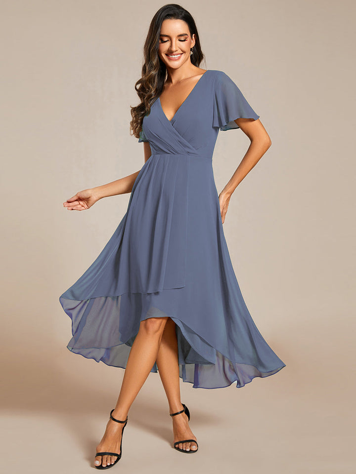 ever LARK|Ruffles Sleeve Pleated V-Neck A-Line Midi Chiffon Wedding Guest Dress