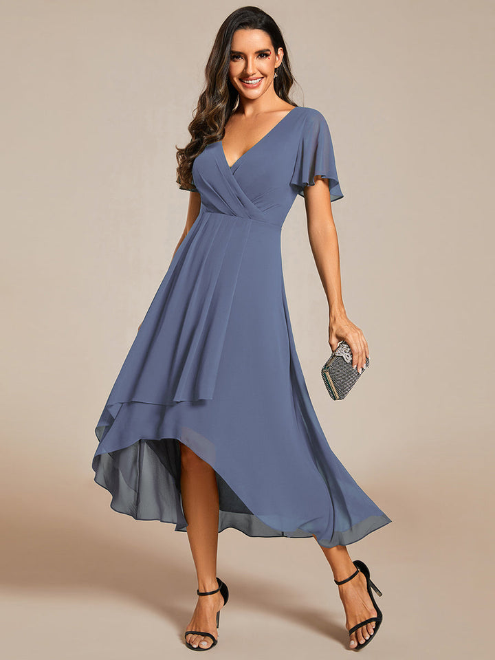 ever LARK|Ruffles Sleeve Pleated V-Neck A-Line Midi Chiffon Wedding Guest Dress