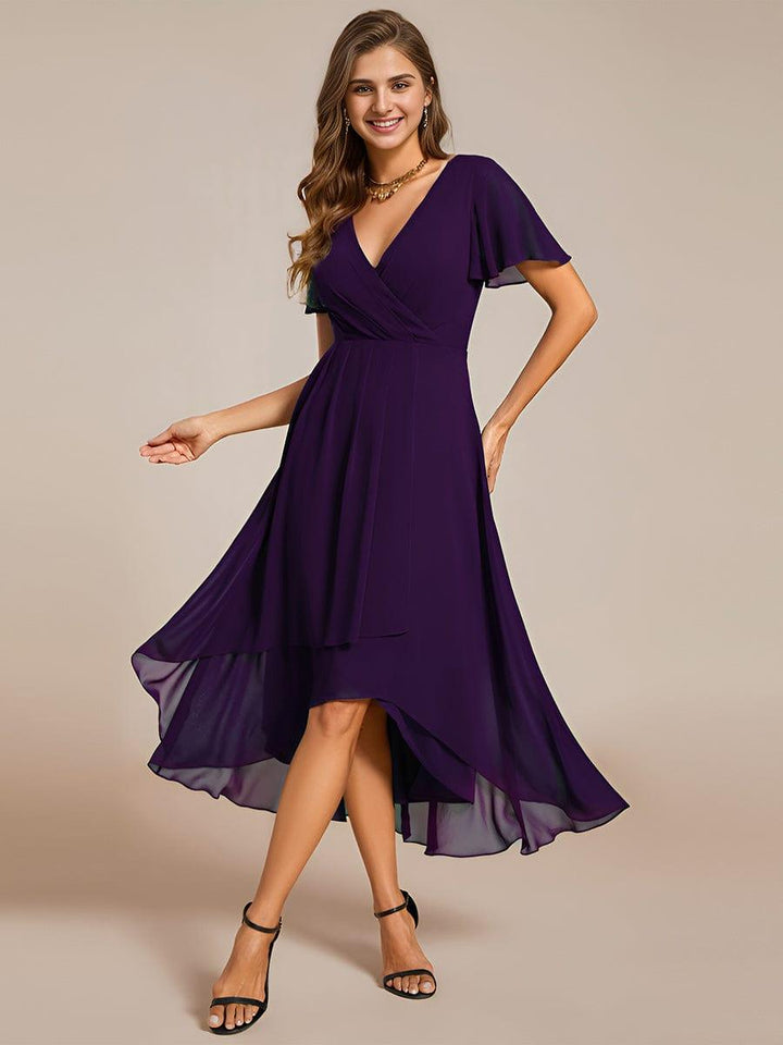 ever LARK|Ruffles Sleeve Pleated V-Neck A-Line Midi Chiffon Wedding Guest Dress