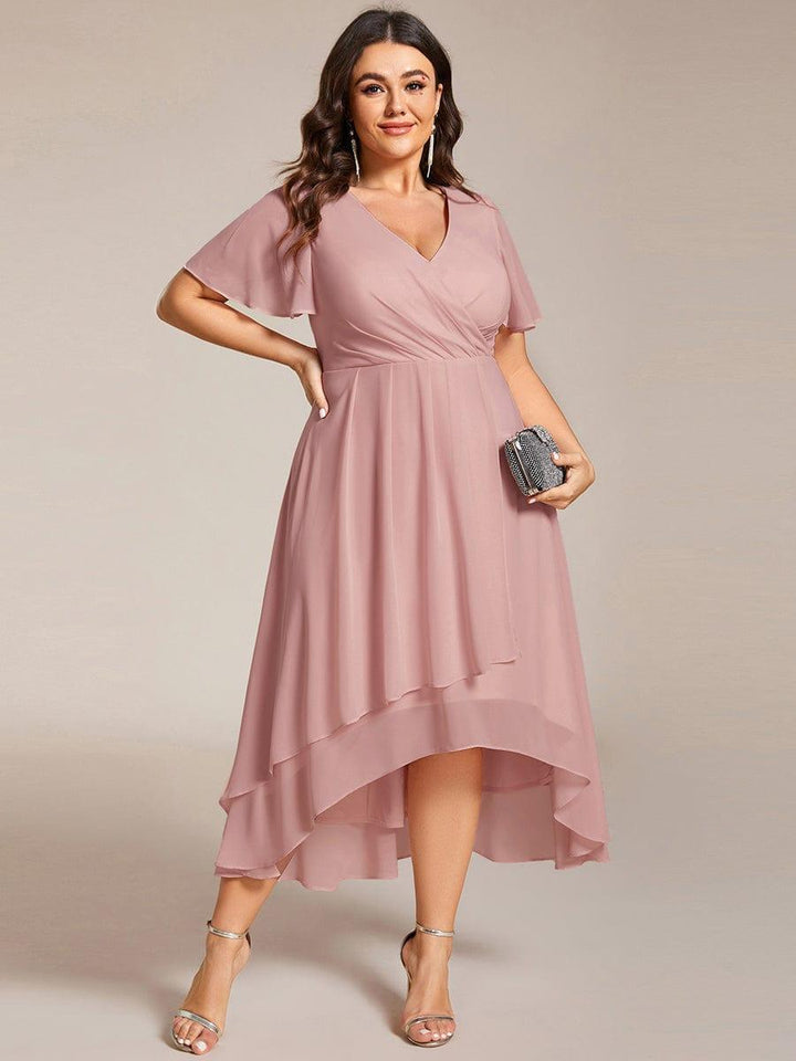 ever LARK|Ruffles Sleeve Pleated V-Neck A-Line Midi Chiffon Wedding Guest Dress