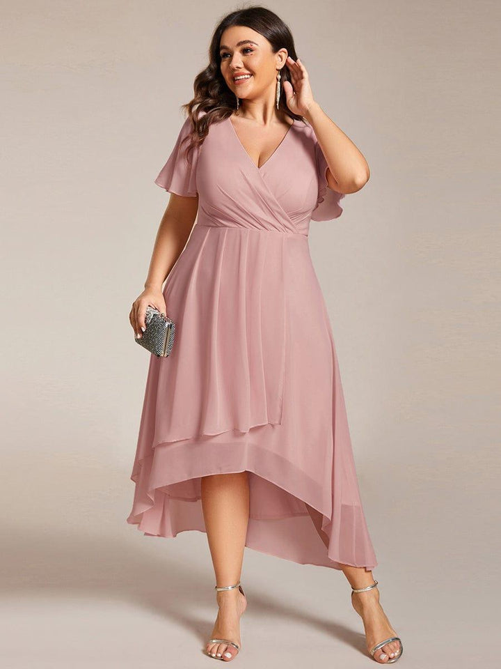 ever LARK|Ruffles Sleeve Pleated V-Neck A-Line Midi Chiffon Wedding Guest Dress